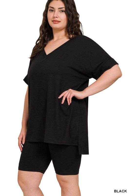 PLUS BRUSHED DTY MICROFIBER V-NECK TOP & BIKER