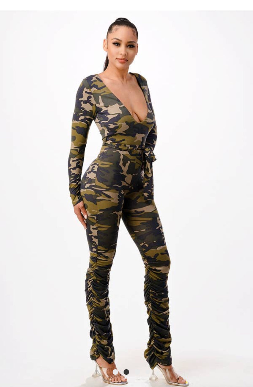 Camo V Neck Jumpsuits w/Waist Tie