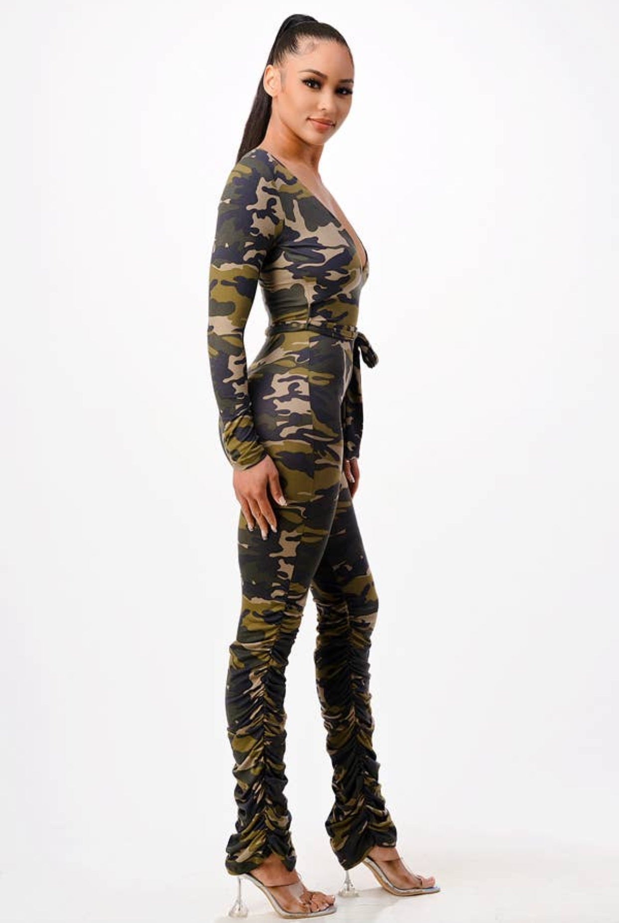 Camo V Neck Jumpsuits w/Waist Tie