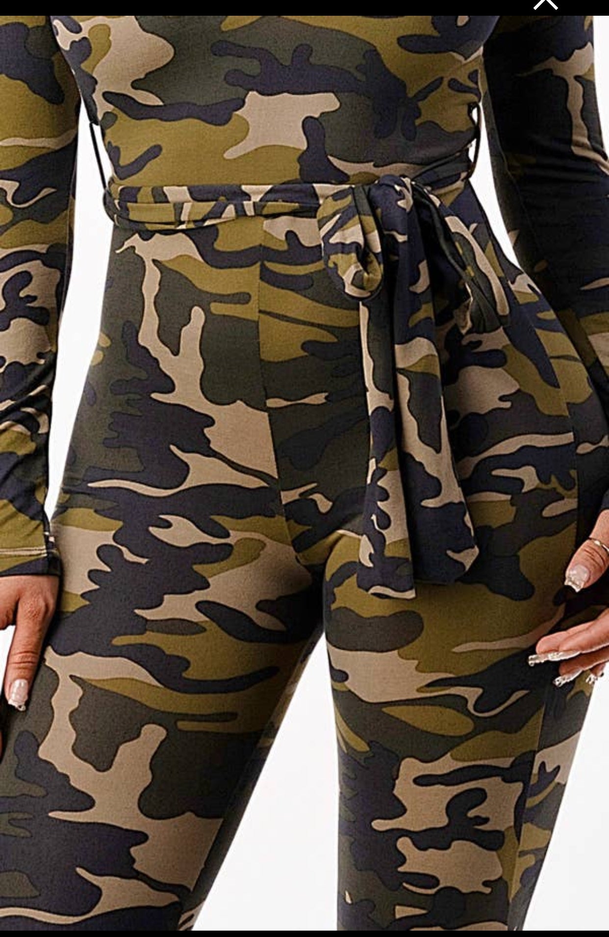 Camo V Neck Jumpsuits w/Waist Tie