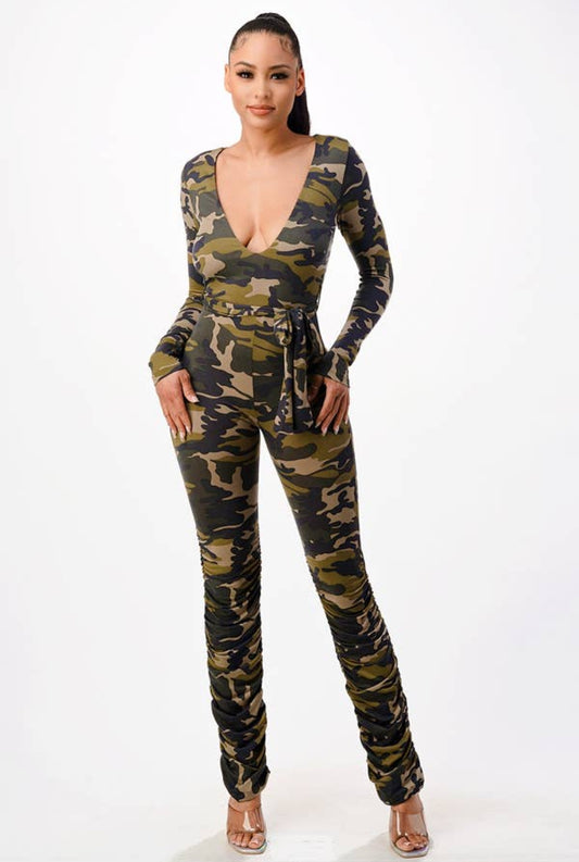 Camo V Neck Jumpsuits w/Waist Tie