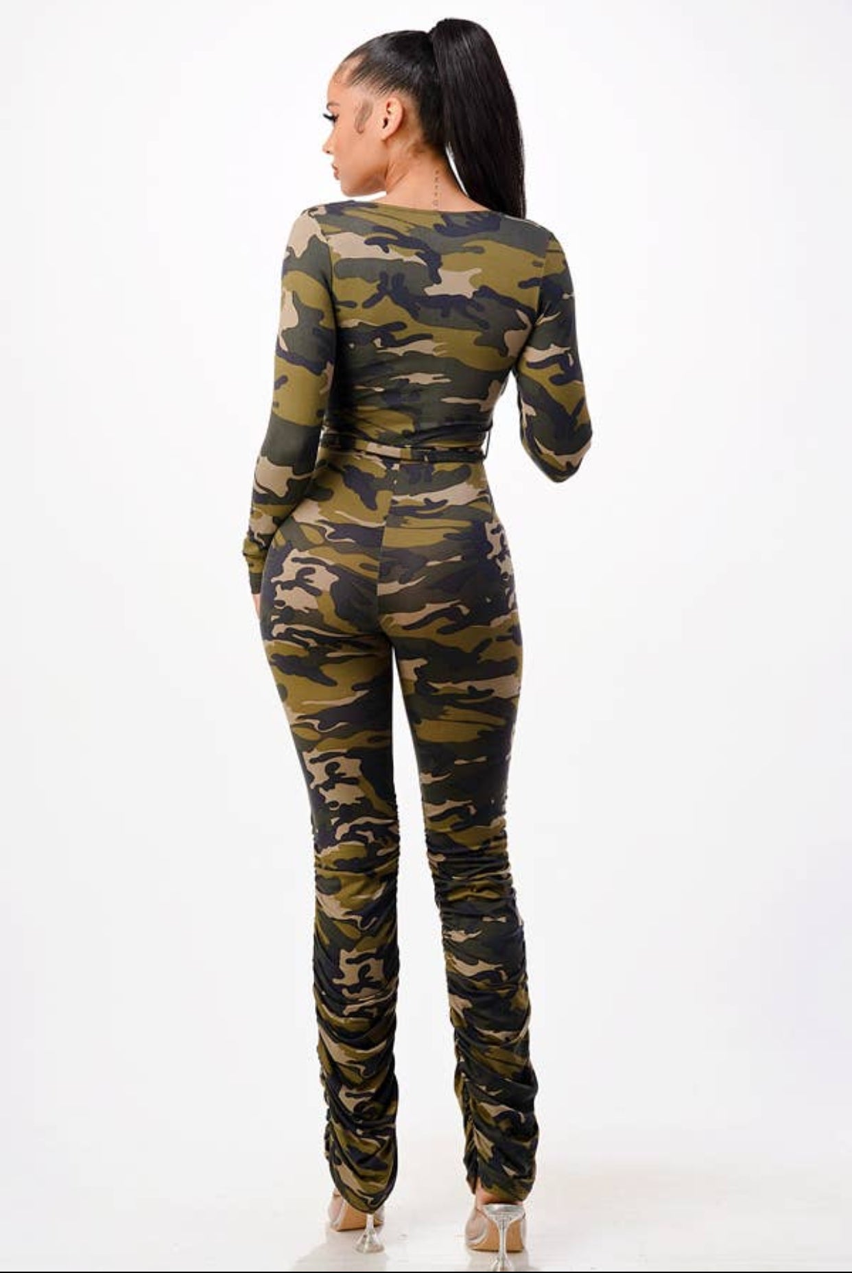 Camo V Neck Jumpsuits w/Waist Tie